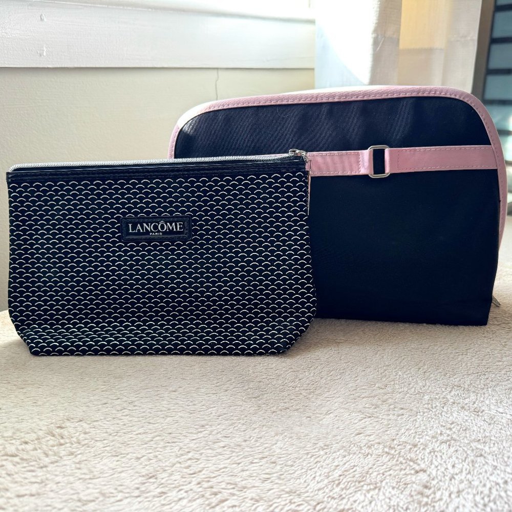 Two Black Lancome Cosmetic Bags Large and Medium Silver and Pink Details